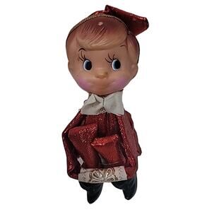 Vintage SMILING Kneehugger Red Gold Metallic Christmas Sitting Elf Ornament